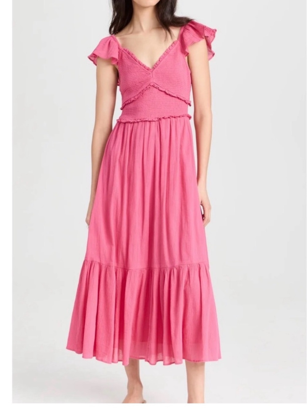 Love Shack Fancy Pink Flutter Midi Dress with Smocked Bodice